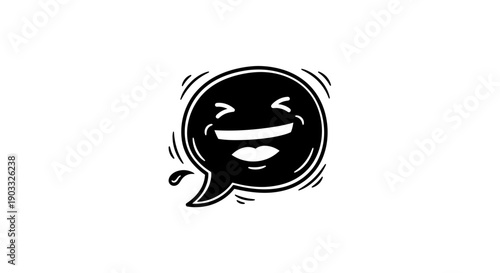 Solid Black Comic Speech Bubble with Laughing Happy Face Expressing Joy on an Isolated White Background