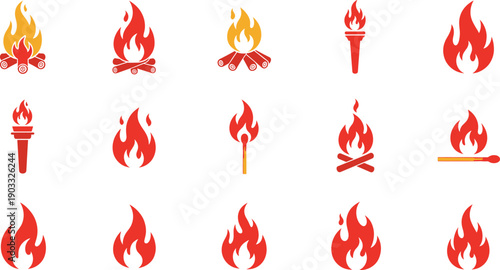 Fire Flame and Campfire Icons Collection Flat Vector Illustration Set Isolated on White Background