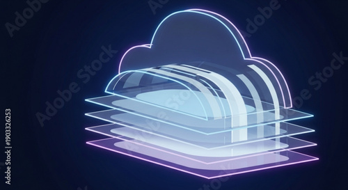 Glowing neon cloud icon with layered glass panels in modern design