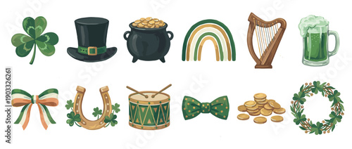 Collection of St. Patrick's Day symbols including a shamrock, pot of gold, leprechaun hat, and harp, presented as a charming hand-drawn watercolor style illustration set