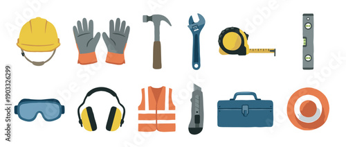 Construction safety equipment and work tools set with a helmet, earmuffs, vest, goggles, hammer, wrench, and toolbox, shown as a colorful flat hand-drawn illustration