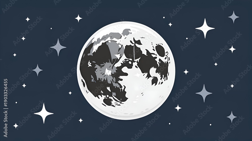 Naklejka premium Full Moon with Visible Craters and Twinkling Stars