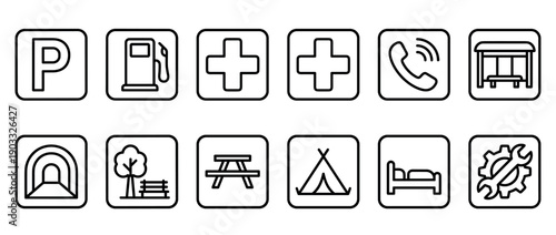 Set of black line art icons for roadside services and travel information, including parking, gas station, hospital, camping, and repair, presented in a clean, minimalist style