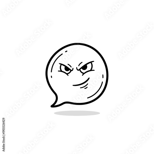Angry Evil Looking Emoji Face in Doodle Style Speech Bubble, isolated white background