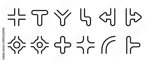Collection of black road junction icons showing various intersections, roundabouts, and arrows for navigation maps, designed in a clean, minimalist outline vector graphic style