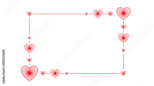 Minimal red heart frame border on white background with connected love icons and clean lines. Romantic Valentine’s Day design with copy space, perfect for greeting cards, invitations, banners, posters