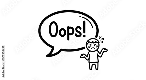 Oops Text with Shrugging Surprised Person in Doodle Style Speech Bubble, isolated white background