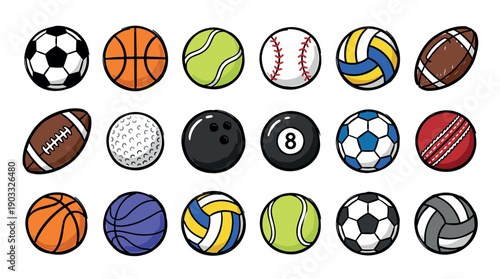 Large collection of colorful sports balls including soccer, basketball, tennis, and football drawn in a fun cartoon doodle style for various athletic games and activities