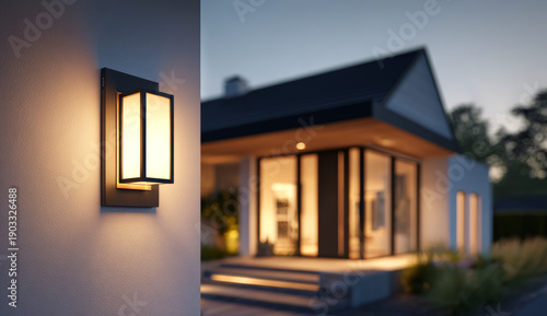 Modern outdoor wall-mounted smart light fixture with rectangular frosted glass panels and black metal frame illuminating exterior wall at dusk