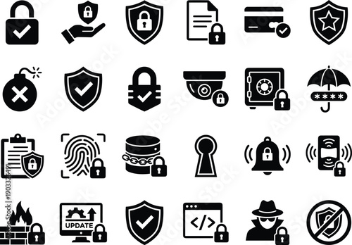 cyber security icons set, data protection symbols, privacy locks shields, encryption access control, network defense systems, flat vector illustration, collection