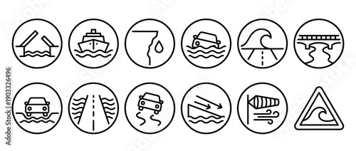 Collection of black line art icons representing road safety and water hazard warnings, including symbols for flooding, slippery roads, high wind, drawbridge, and tsunami alerts