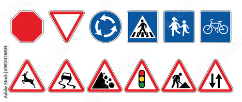 Collection of various European road signs and traffic symbols for driving safety, including warning triangles, regulatory circles, and informational squares with clear pictograms