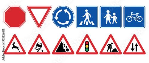 Set of twelve different road signs for traffic regulation and warning, including stop, yield, roundabout, pedestrian crossing, and slippery road symbols in a clean vector illustration style