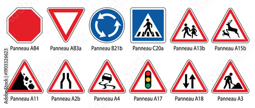 Collection of twelve European road traffic signs showing various warning and regulatory symbols for safety, including stop, yield, roundabout, and pedestrian crossing