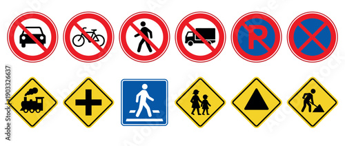 Collection of various road traffic signs including prohibitory, warning, and informational symbols for driving safety and regulation, presented as a flat vector graphic illustration set