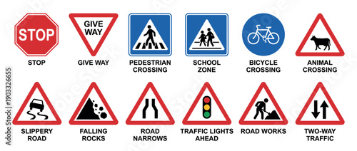 Collection of twelve common road signs including stop, give way, pedestrian crossing, and warning symbols for traffic regulation and driver safety, presented as a clear vector illustration set