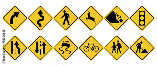 Collection of yellow diamond-shaped traffic warning signs illustrating various road hazards like curves, pedestrians, falling rocks, and construction for driver safety