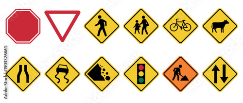 Collection of various road traffic signs including stop, yield, pedestrian crossing, and warning symbols for driving safety and regulation, presented as a flat vector illustration set