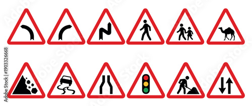 Twelve red triangular road warning signs illustrating a collection of traffic safety rules and potential hazards like pedestrian crossings, slippery roads, and roadwork ahead