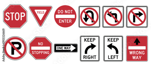 Collection of various traffic regulatory signs including stop, yield, do not enter, no parking, and wrong way, presented as a clean vector illustration set for driving safety rules