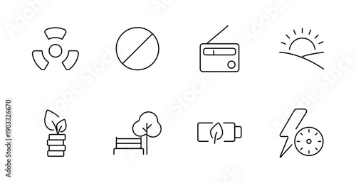 Environment and energy set icon. Fan, banned sign, radio, sunrise, plant coins, park bench, battery with leaf, speed meter with bolt drawn in line style for eco power and outdoor visuals.