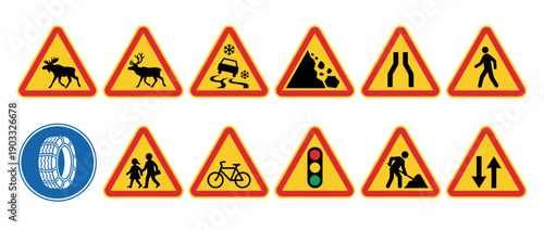 Various European road warning and mandatory signs including moose, slippery road, falling rocks, pedestrian, and winter tire icons presented as a complete vector illustration set for safety