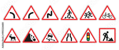 Collection of twelve different road warning signs for traffic safety, including pedestrian crossing, slippery road, falling rocks, animal crossing, and road work symbols