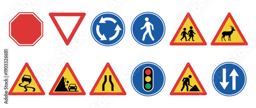 Collection of various road traffic signs for safety and regulation, including stop, yield, roundabout, pedestrian crossing, and warning symbols for different road conditions