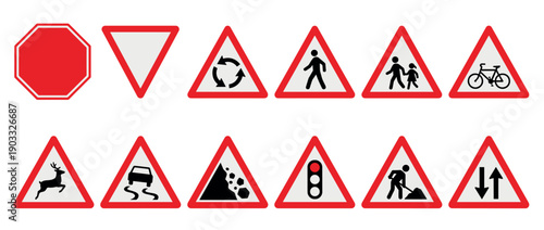 Set of twelve different road signs for traffic regulation and safety, including stop, yield, roundabout, pedestrian crossing, and slippery road warning vector illustrations