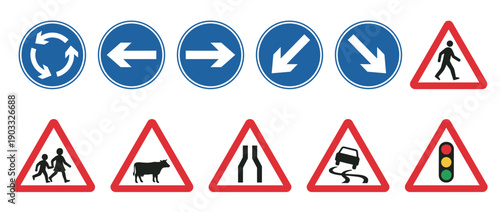 Collection of various road traffic signs including mandatory blue circle and red triangle warning symbols for safety, direction, and hazard information on a roadway