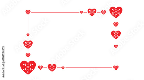 Minimal red heart frame border on white background with connected love icons and clean lines. Romantic Valentine’s Day design with copy space, perfect for greeting cards, invitations, banners, posters