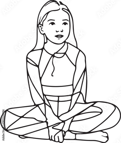 A young girl sitting in a relaxed cross-legged yoga position with hands resting on knees. Vector
