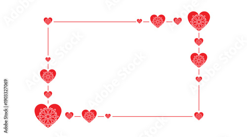 Minimal red heart frame border on white background with connected love icons and clean lines. Romantic Valentine’s Day design with copy space, perfect for greeting cards, invitations, banners, posters