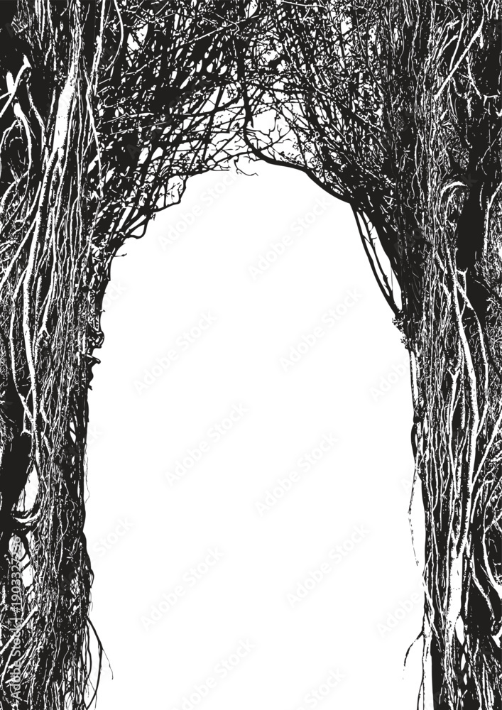 Obraz premium Vector frame with a realistic tree, banyan, or ficus with roots and branches in a gothic or grunge style. Space for inscription. Magical, fairytale, and mystical. Halloween party poster. No ai