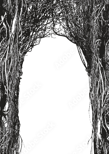 Vector frame with a realistic tree, banyan, or ficus with roots and branches in a gothic or grunge style. Space for inscription. Magical, fairytale, and mystical. Halloween party poster. No ai