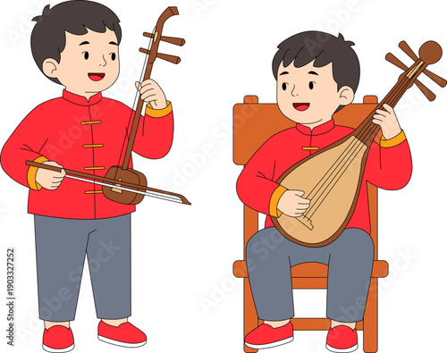Illustration of 2 Boys playing a chinese string instrument for Lunar New Year.