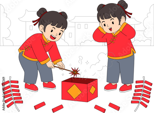 Illustration of 2 Girls ligthing a fireworks for Lunar New Year.