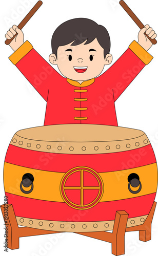 Illustration of A boy playing a chinese drum for Lunar New Year.