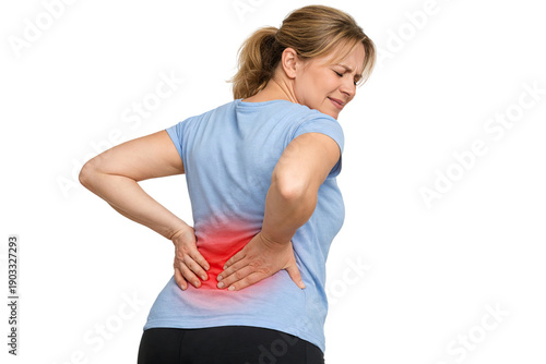 Adult woman suffering lower back pain touching lumbar spine with visible discomfort posture isolated on white background