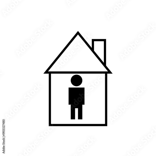 Black house vector icon with person inside symbolizing stay at home, indoor safety, isolation, domestic living, quarantine, health advisory, simple design