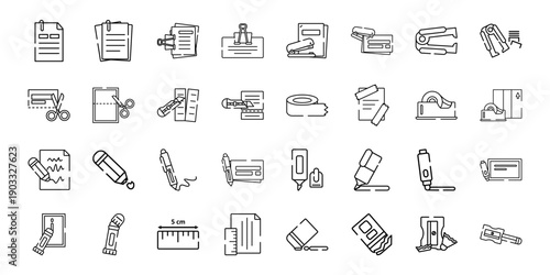 Line style desk essentials icon pack. Office productivity tools