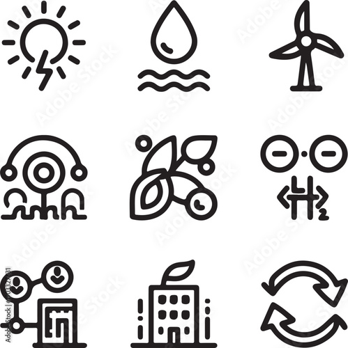 Icons representing various renewable energy sources and sustainable technologies Vector