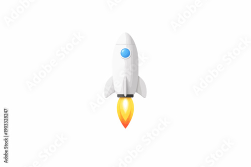 White rocket launch with blue porthole and fiery flame on white background
