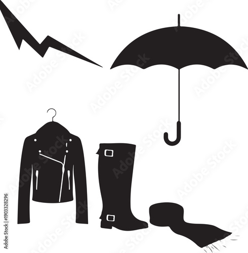 Rainy day attire and accessories set against a plain background Vector