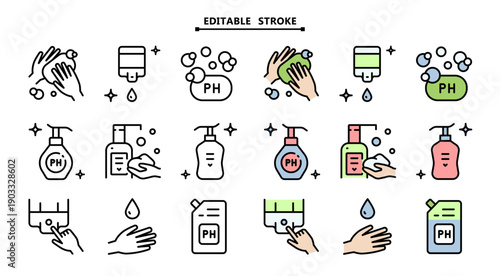 Hand Cleansing Icon Set: Sanitizer Gel Pump, Liquid Soap Bottle, Foam Dispenser and Antibacterial Spray