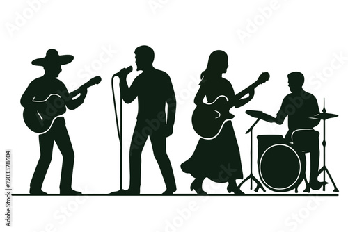 Silhouette of musicians performing live on stage, vector