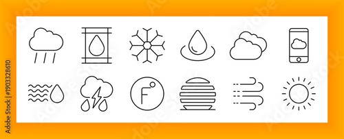 Weather and climate set icon. Rain cloud, raindrop, snowflake, fog, wind, storm, water waves, phone app, thermometer, sun, degree symbol, and humidity drawn in outline style.