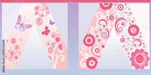 Floral and butterfly decorated capital letters m with pink color scheme