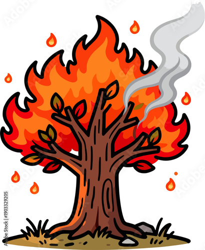 Cartoon Tree Ablaze with Vibrant Orange Flames White Smoke Embers Falling on Green Grass Mound Vector
