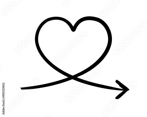 Arrow curves into heart shape hand-drawn sketch graphic element. Sweeping rightward. Love motif. Romantic loop. Doodle direction. Minimal black pointer. Ink freehand symbol. Scribble illustration